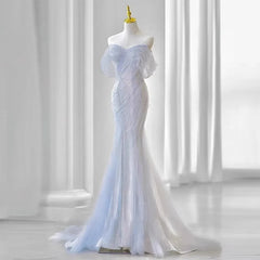 Cyflymder Purple Laser Sequin Beaded Mermaid Women Evening Dress with Puff Sleeves Tassel Pearls Tulle Train Prom Gown