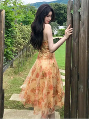 Cyflymder Women Midi Floral Halter Slip Dress Summer Vintage Painting Flower Backless Casual Party Night Vacation Runway Vestidos