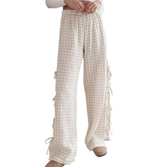 Cyflymder High Waist Plaid Printed Striped Side Slit Fashionable Casual High Street Trousers For Ladies Versatile Straight Lounge Trousers