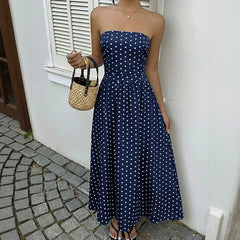 Cyflymder New Summer Date Party Elegant Retro Long Skirt Sleeveless Tube Top Polka Dot Dress