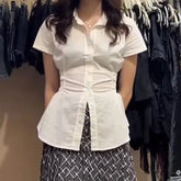 Cyflymder Women Lapel Short Sleeve Shirt Summer Ruched Waist Slim Fit Button Down Blouse Irregular Hem Office Lady Casual Top