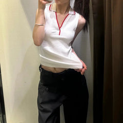 Cyflymder French American Retro Knitted Sleeveless Neck Hanging Vest Women Summer New Color Collision Outerwear Top Polyester Blend