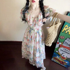 Cyflymder Dresses Women Floral Printed Puff Short Sleeve V Neck Summer Fashion Vintage Elegant Dress Bandage Female Casual