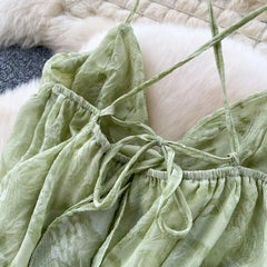 Cyflymder Elegant V-neck Straps Vintage Sleeveless Chic Asymmetrical Ruffles Backless Slim Dresses French Vacation Women Fashion Clothing