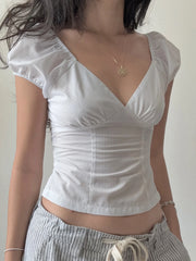 Cyflymder French Style Slim Solid Blouse Holiday Casual Deep V-Neck Short Puff Sleeve Shirts Women 2025 Summer Fashion Streetwear