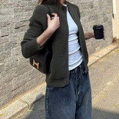 Cyflymder Spring Autumn Wool Sweater Jacket Women Stand Collar Long Sleeve Slim Zipper Outwear Vintage Wool Cashmere Jumper 267B