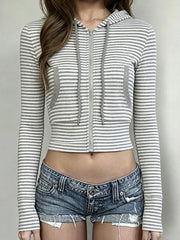 Cyflymder Y2k Korean Striped Print Contrast Color Hooded Zipper Pockets Slim Casual Knitted Short Jackets