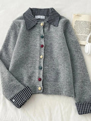 Cyflymder Retro Patchwork Cardigan Sweaters Women Loose Casual Korean Knitted Coat Vintage Long Sleeve Design Buttons Sweet Gray Top