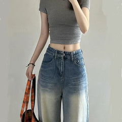 Cyflymder Chic Washed Scratched Wide Leg Jeans Women Vintage Distress Light Blue Straight Denim Trouser Niche Style High Waist Loose Pants
