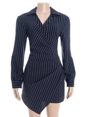 Cyflymder Chic Blue & White Striped Shirt Dress Women Fashion Turn Down Collar Long Sleeve Pleats Slim Asymmetrical Hem Mini Dress