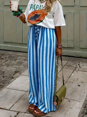Cyflymder Ladies Pants Oversized Casual Striped Trousers Colorblocked Printed Straight Slacks Versatile Relaxed Elastic Bottoms