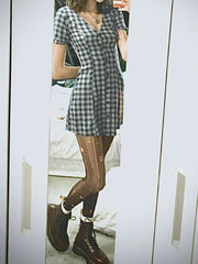 Cyflymder Casual Slim Plaid A-Line Dress Elegant Fashion Basic Deep V-Neck Short Sleeve Ruffles Mini Dresses For Women 2025 Summer