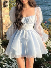 Cyflymder Sweet Kawaii Mini Dress Vintage Korean Elegant Fashion Party Dress Women Fairy Princess Puff Sleeve Chic Summer Prom Dress