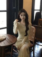 Cyflymder French Elegant Solid Lace Midi Dress Suit for Women Flare Sleeve A-Line Long Dresses Autumn Fashion Vestidos Female Clothing New