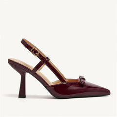 Cyflymder Women's Size 41 Elegant Burgundy Pointy Toe Slingback Pumps Summer Bowknot High Kitten Heels Black Office Lady Shoes