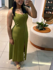 Cyflymder Elegant retro linen maxi dress for women new summer fashion square neck single breasted slim fit chic party evening dress