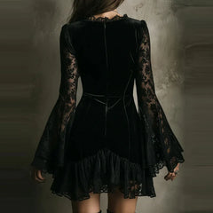 Cyflymder Sexy Women's Lace Velvet Patchwork Mini Dress Flare Sleeve Floral Gothic Punk Solid V-Neck See Through Casual Vintage Dress