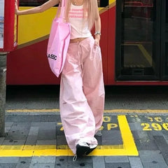 Cyflymder Pink Star Graphic Print Women Sweatpants Drawstring Wide Leg American Retro Baggy Jogging Pants Y2K Harajuku Gyaru