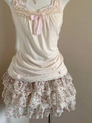 Cyflymder Harajuku Y2K Lolita 2 Piece Outfits Women Cute Lace Tops and A Line Floral Skirt Sets Japanese Sweet Vintage Party Wear