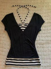 Cyflymder Aesthetic Halter T-shirt Y2k 2000s Harajuku Goth Short Sleeves Punk Crop Top Fake 2Piece Slim Backless Woman Clothes Summer Tees