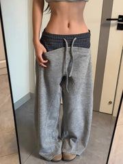 Cyflymder Women American Vintage Plaid Spliced Casual Pants Drawstring Waist Loose Irregular Wide Leg Floor-Length Trousers