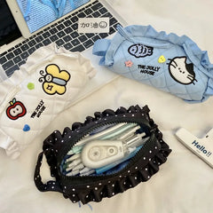 Cyflymder Korean Fashion Ruffle Pencil Case for Kids Girl Sweet Cartoon Bunny Kitten Stationery Organizer Kawaii Pen Pouch Back To School