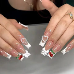 Cyflymder 24pcs White False Nails Long Ballet with French Design Flower Rhinestones Wearable Fake Nails Full Cover Press on Nails Tips Art