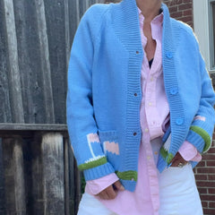 Cyflymder y2k Cardigan Sweater Women Fashion Golf Car/Heart Print Long Sleeve Button Down Knitted Top 2000s Clothing Knitwear