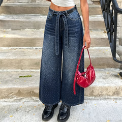 Cyflymder Y2K Rhinestone Jeans High-Waisted Ombre Gradient Wide Leg Denim Pants with Sashes All-Over Sparkle Detail Trouser 90s Streetwear