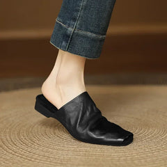 Cyflymder NEW Summer Women Mules Genuine Leather Shoes for Women Peep Toe Low Heel Shoes Cover Toe Women Sandals Concise Modern Slippers