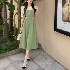 Cyflymder Fake Two Pieces A-Line Dresses Summer Stylish Patchwork Female Clothing French Style Short Sleeve Elegant Solid Color Midi Dress