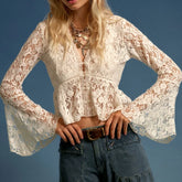 Cyflymder Women Lace See Through Blouse Boho Sheer Long Bell Sleeve Ruffle Poncho Tops Sexy Mesh Flowy Frilly Hem Shawl Shirt