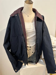 Cyflymder Vintage Internal Red Plaid Zipper Flight Jacket Women Autumn Cotton Warm Thick Stand Collar Jackets Chic Simple Loose Tops Y2K