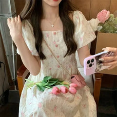 Cyflymder Dresses Women Square Collar French Style Floral Printed Puff Short Sleeve Vintage Elegant Temperament Dress Ladies Casual