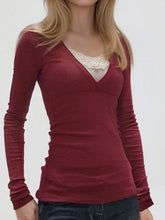 Cyflymder Women s Stylish V Neck Lace Patchwork Fit Long Sleeve Pullover Top for Fall Fashion Statement