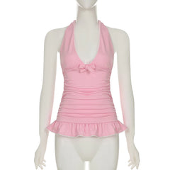 Cyflymder Sweet Slim Bow Folds Halter Tops Solid Ruffles Deep V-Neck Sleeveless Tank Tops Women 2025 Summer Fashion Streetwear