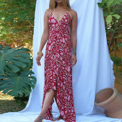 Cyflymder Fashion Hollow Out Backless Party Dress Bohemian Sleeveless Suspender Sexy Dress Vintage Floral Print Halter Women's Long Dress