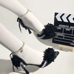 Cyflymder high heel shoes for women black rose Lolita y2k accessories elegant party heels bridal wedding shoes french style Mary Jane