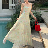 Cyflymder Sweet Vacation Style Strap Long Dress Women's Clothing Broken Flowers Summer A-Line Fashion Bow Three Ways of Wearing Dresses