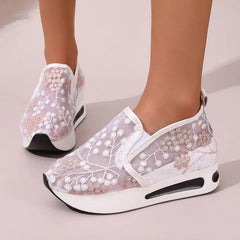 Cyflymder Women'S Sneakers Ladies Fashion Breathable Lace Mesh Flower Embroidery Round Head Thick Bottom Women'S Summer Footwear