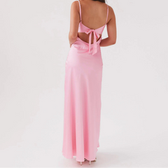 Cyflymder Women Cami Dress Solid Color Sleeveless Tie-Up Front Sleeveless Backless Dress Long Dress Summer Casual Spaghetti Strap Dress