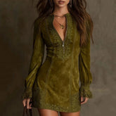 Cyflymder Ladies' Vintage Half Zipper V-neck Suede Dress Fashionable Lace Long Sleeve Solid Color High Waist Dress Party Evening Costumes