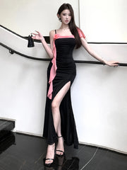 Cyflymder French Temperament Evening Dresses Women Sexy Flower Ribbon Suspender High Waist Slim Fit Split Party Long Dress Summer