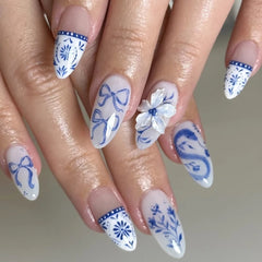 Cyflymder Simple Halo Dyeing Blue Flowers Bowknot White French Nail Art Almond False Nails Detachable Finished Fake Nails Press on Nails