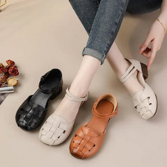 Cyflymder Breathable Leather Upgraded Version Mom Shoes Mid Heel Soft Bottom Sandals Women Thick Heel Genuine Leather Footwear