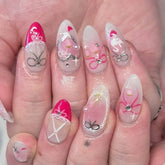 Cyflymder 24Pcs Mid-length French Almond Full Cover Nails Tips Pink Smudge Detachable False Nails Bow Heart Rhinestone Press on Fake Nails