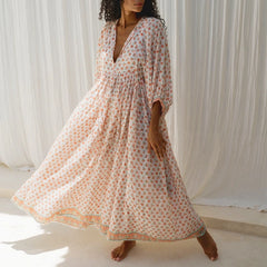 Cyflymder Women Boho Floral Maxi Dress Ladies Fashion Puff Sleeve Flowy Long Dress V Neck Loose Fit Shirt Dress Bohemian Tiered Sundress