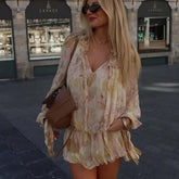 Cyflymder Spring 2025 Women Floral Print Short Dresses Lace Up Ruffle O Neck Long Sleeve Holiday Summer Dress Casual Vestidos