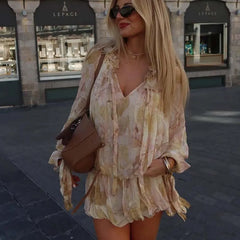 Cyflymder Spring 2025 Women Floral Print Short Dresses Lace Up Ruffle O Neck Long Sleeve Holiday Summer Dress Casual Vestidos