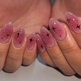 Cyflymder Glitter Powder Stars Pink Halo Dyeing Nail Art Fashion Shiny False Nails Detachable Finished Fake Nails Press on Nails with Glue